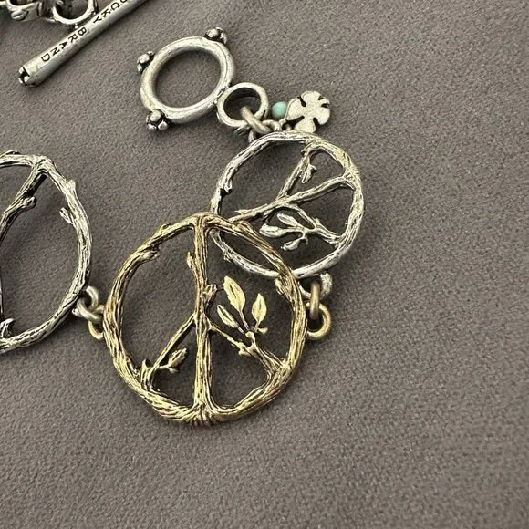 Lucky Brand Peace Symbol Bracelet Toggle Clasp 8" Mixed Metal Twigs & Leaves - Picture 4 of 10